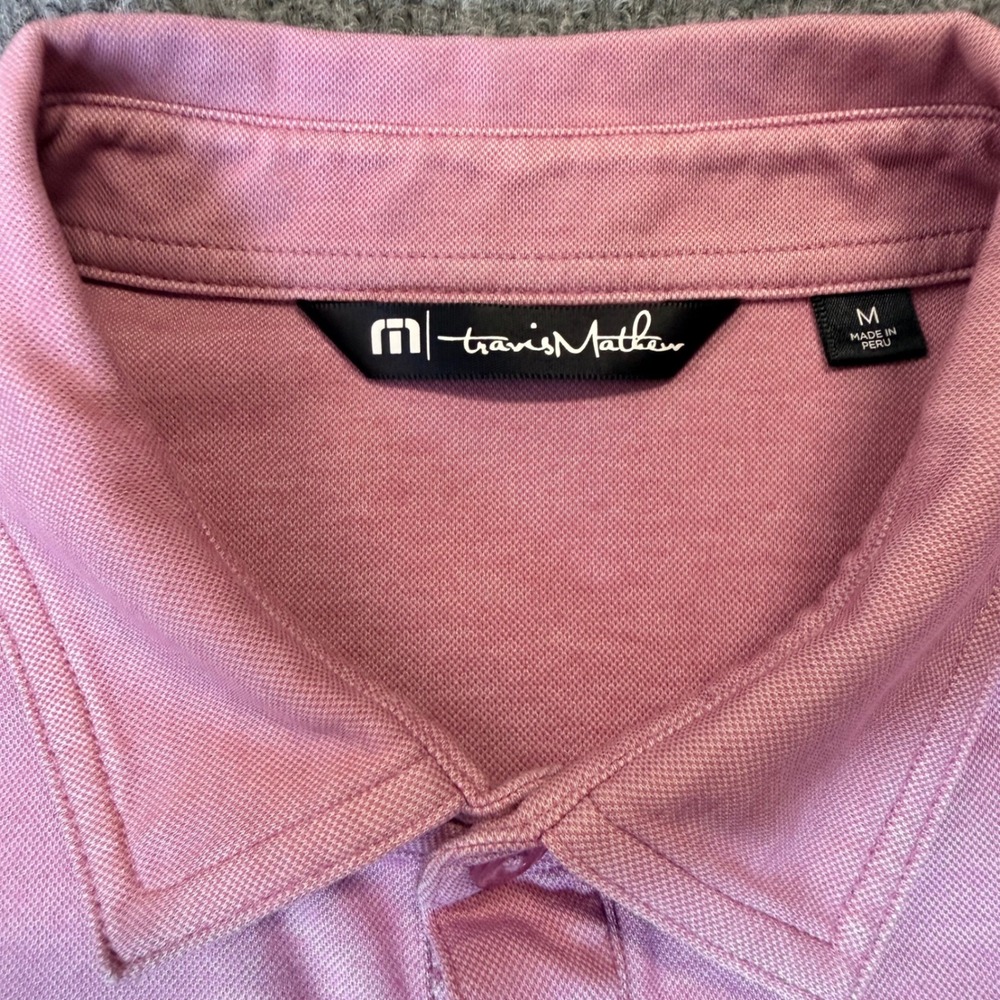 TravisMathew Mens Pink Chest Stripe Golf Polo Shirt Wild Dunes Medium - Picture 3 of 11